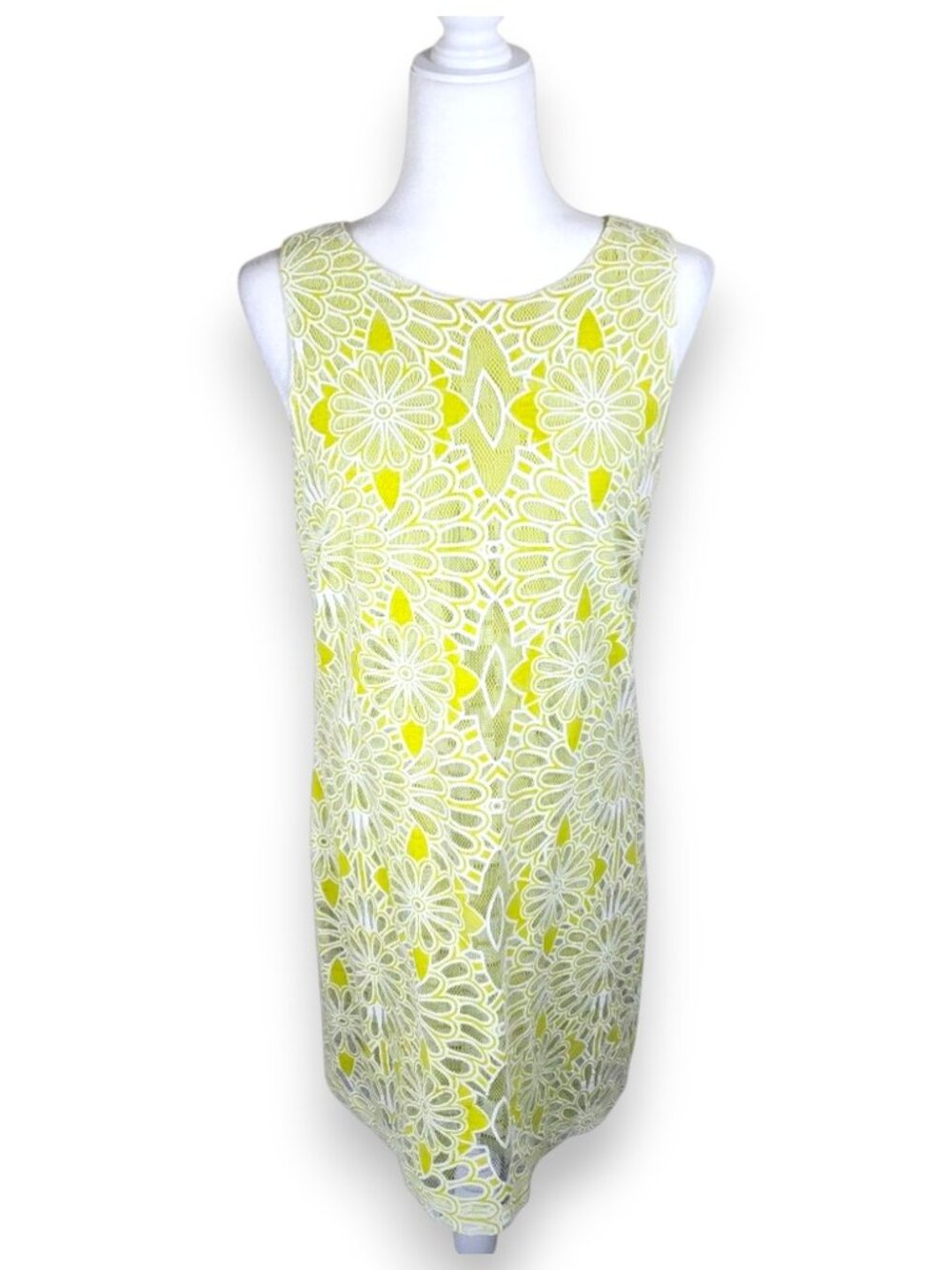Badgley Mischka Lime White Lace Floral Embroidered Sheath Dress Size 8 - Picture 3 of 14